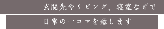 玄関先やリビング、寝室などで日常の一コマを癒します